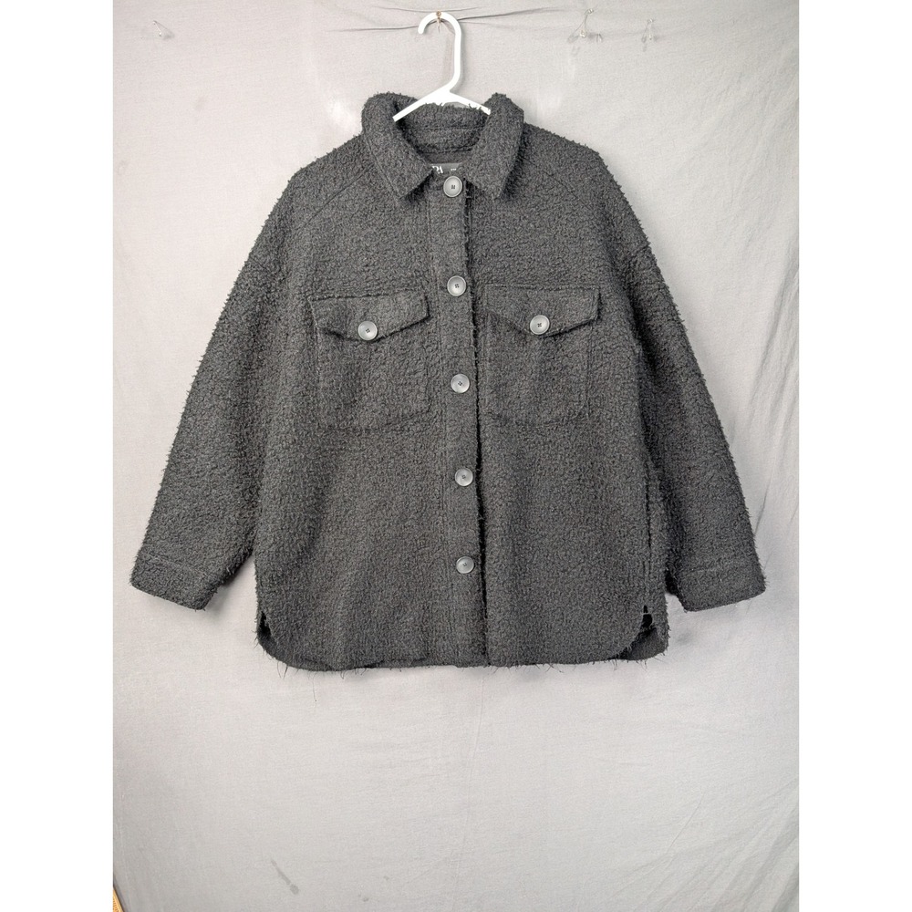 Zara Dark Gray Textured Boucle Shacket Oversized Button Down Shirt Jacket 8163